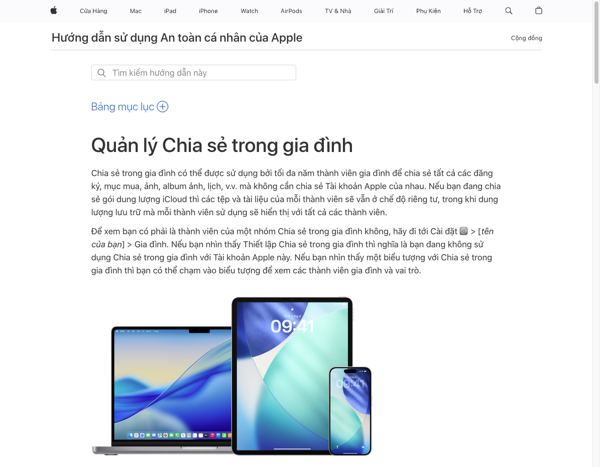 Trang Apple Support giải thích cách xem lại nhóm Family Sharing và vai trò của từng thành viên. Ảnh: Apple Support