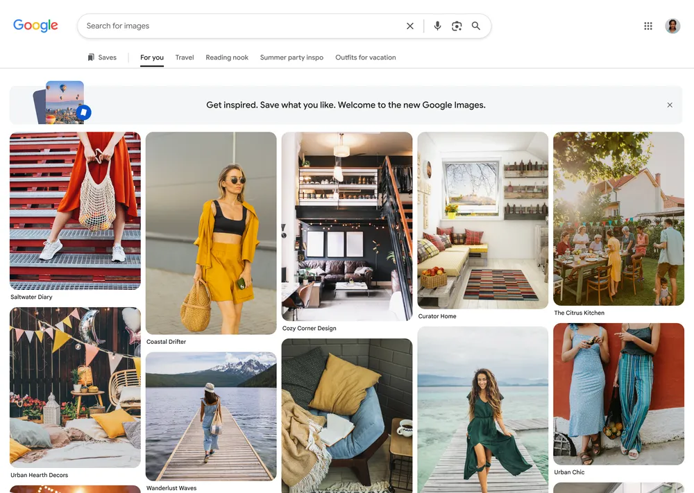 Google cho thấy trang Google Images mới ưu tiên lướt ảnh, lưu ý tưởng và quay lại theo từng nhóm quan tâm. Ảnh: Google Blog