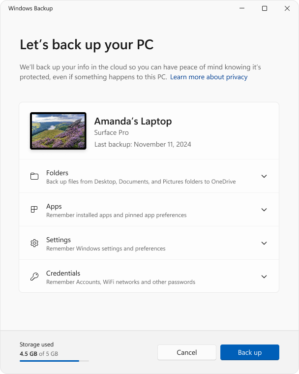 Ảnh chụp từ trang Microsoft Support giới thiệu giao diện Windows Backup trên Windows 11. Ảnh: Microsoft Support