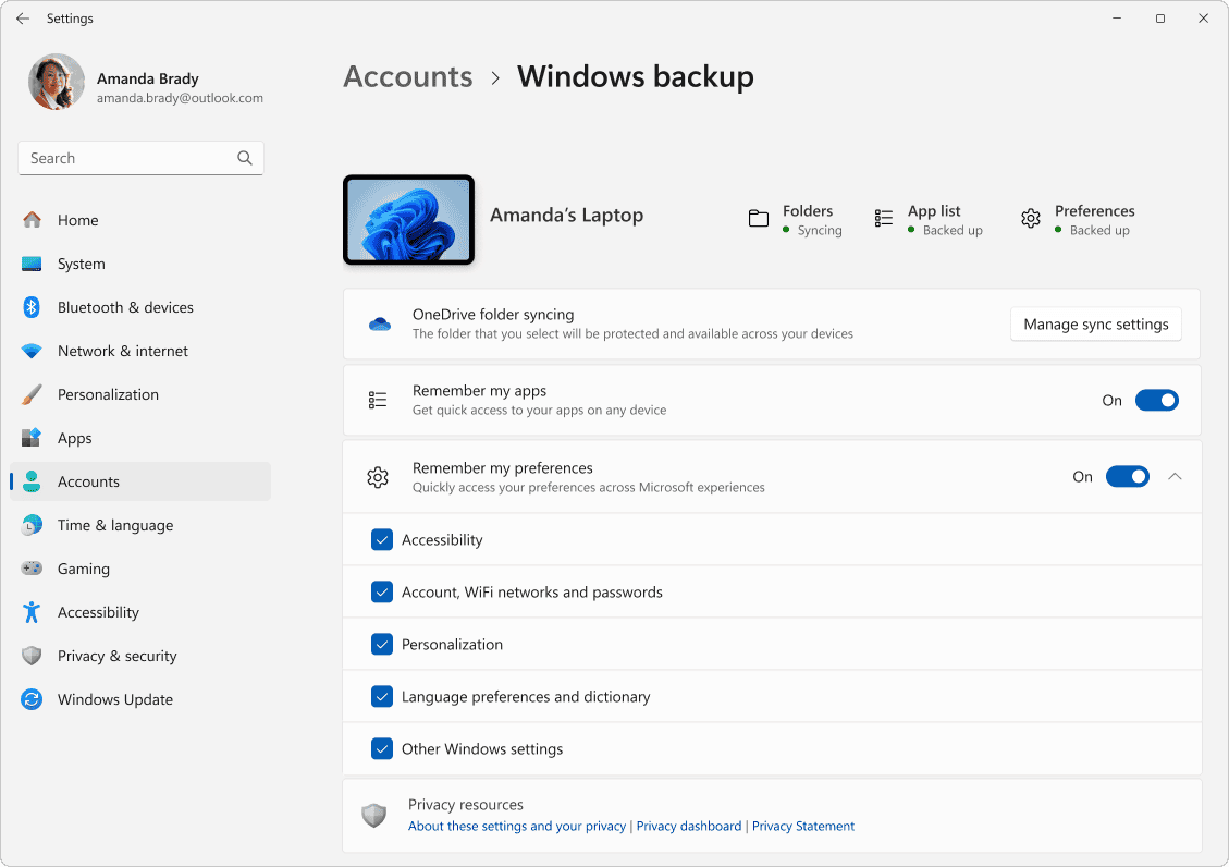 Ảnh chụp từ Microsoft Support về mục Windows backup trong Settings trên Windows 11. Ảnh: Microsoft Support