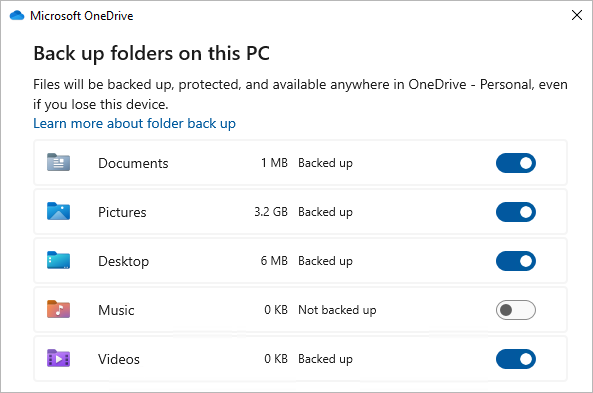 Ảnh chụp từ Microsoft Support về hộp thoại chọn thư mục backup trong OneDrive. Ảnh: Microsoft Support
