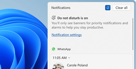 Do not disturb trong Windows 11 cho phép tắt tiếng banner thông báo trong lúc làm việc nhưng vẫn giữ thông báo trong notification center để xem lại sau. Ảnh: Microsoft Support