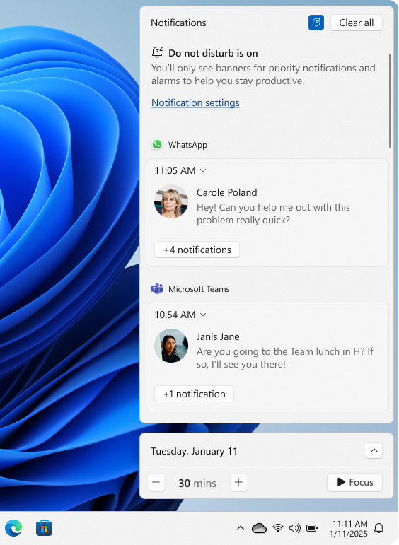 Notification center trong Windows 11 là chỗ để anh em nhìn lại lịch sử thông báo và mức độ ồn ào của từng app. Ảnh: Microsoft Support