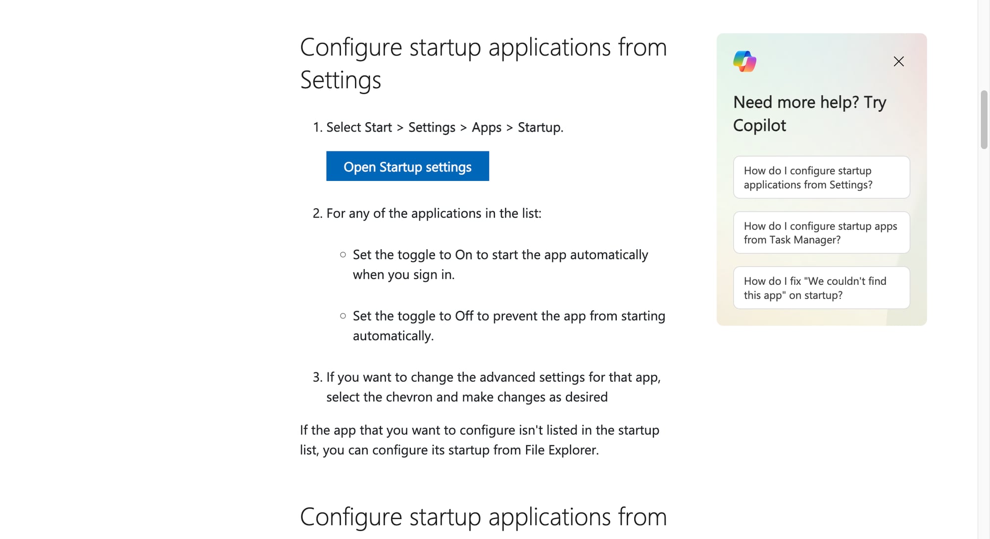 Microsoft Support hướng dẫn cách mở Startup settings trên Windows để kiểm tra app nào đang tự chạy cùng hệ thống. Ảnh: Microsoft Support