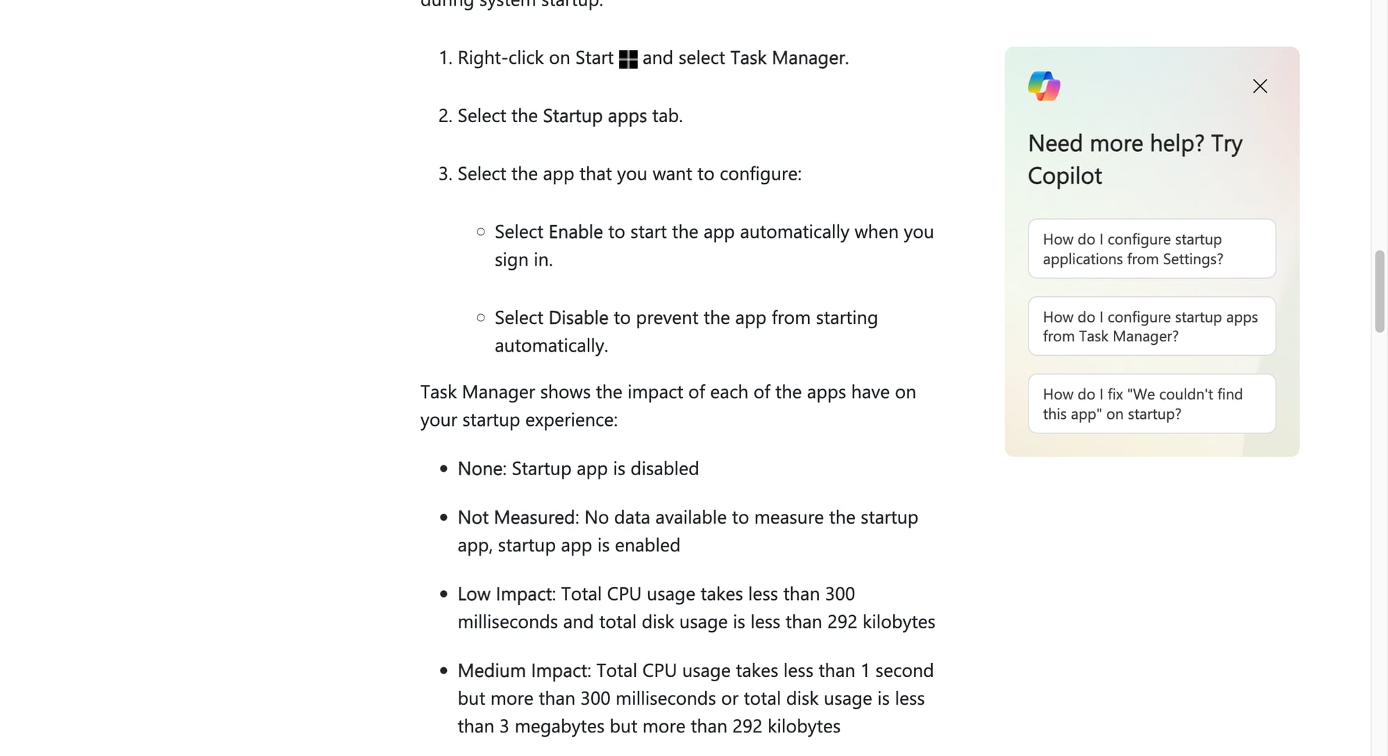 Task Manager trên Windows có thể cho biết mức ảnh hưởng của từng startup app, từ Low tới High impact. Ảnh: Microsoft Support