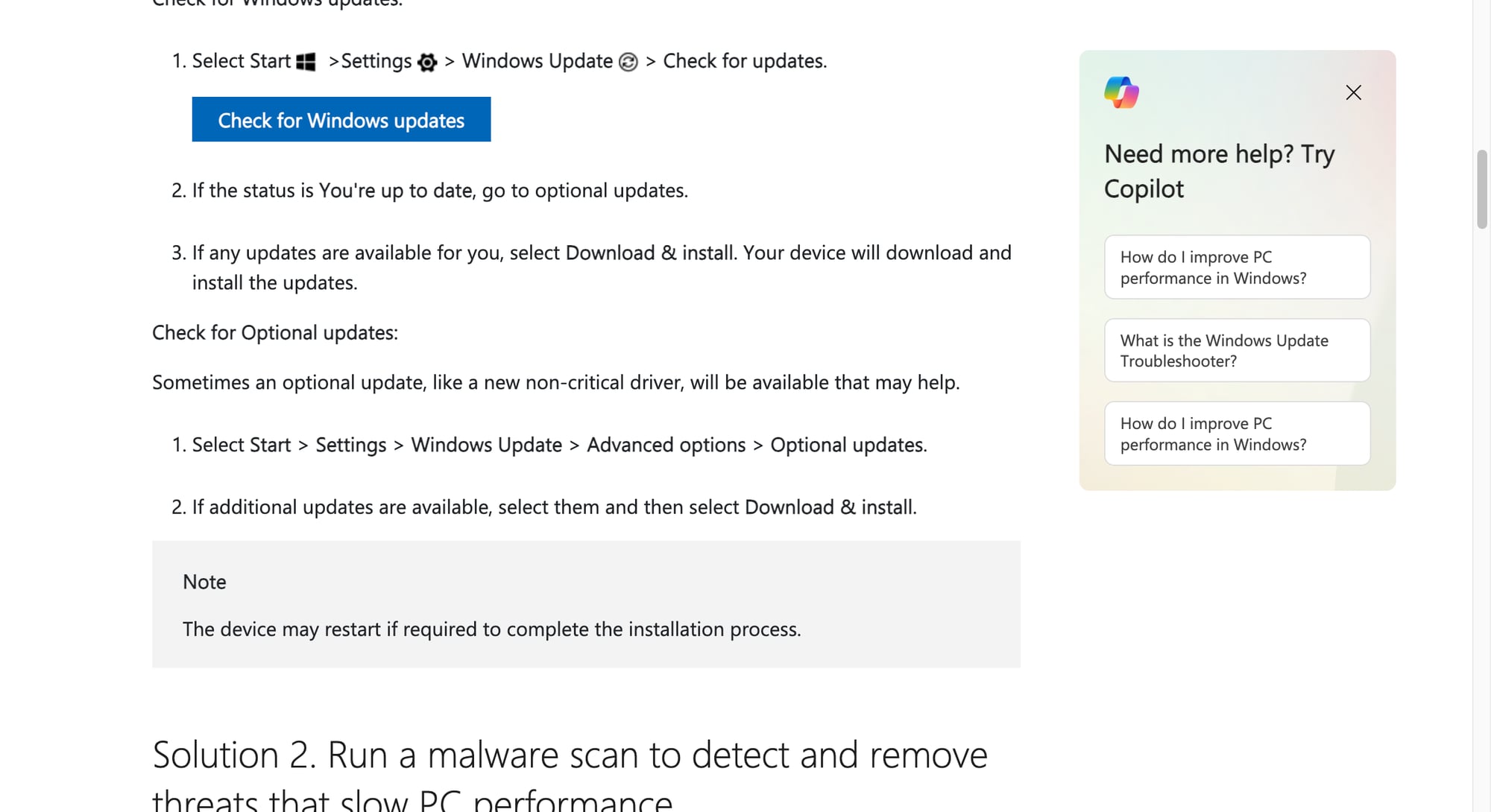 Microsoft Support khuyên kiểm tra cả Windows Update lẫn Optional updates khi PC có dấu hiệu chậm hoặc thiếu ổn định. Ảnh: Microsoft Support