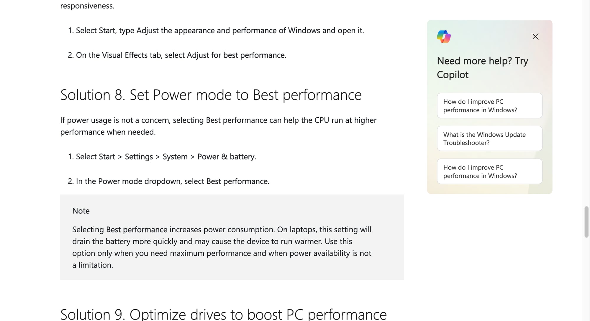 Microsoft Support lưu ý Best performance có thể giúp máy phản hồi nhanh hơn, nhưng đổi lại là tốn pin và nóng hơn trên laptop. Ảnh: Microsoft Support