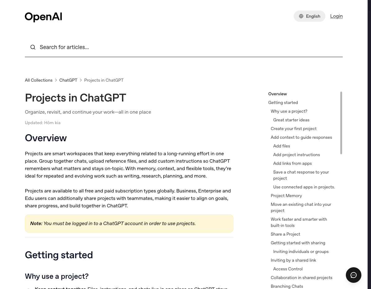 Ảnh chụp từ OpenAI Help Center về mục Projects in ChatGPT. Ảnh: OpenAI Help Center