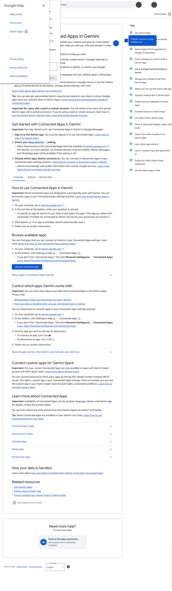 Trang Connected Apps trong Gemini là nơi anh em kiểm tra Gemini đang được phép nối với những dịch vụ nào trước khi kéo Gmail, Drive hay lịch vào workflow. Ảnh: Google Gemini Apps Help