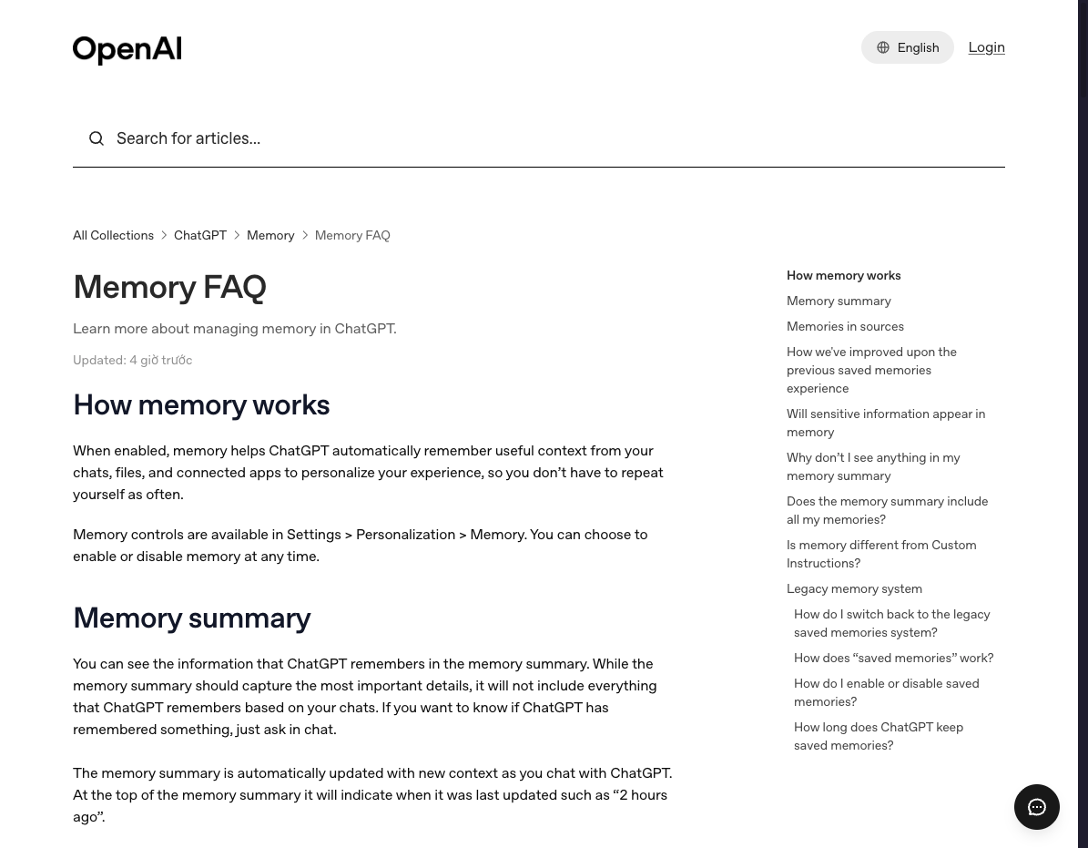 Ảnh chụp từ OpenAI Help Center về Memory FAQ của ChatGPT. Ảnh: OpenAI Help Center