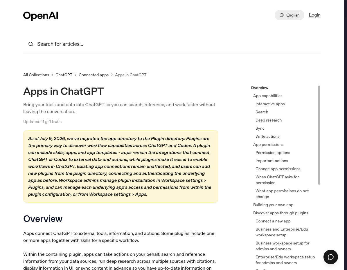 Ảnh chụp từ OpenAI Help Center về Apps in ChatGPT sau khi chuyển sang Plugin directory. Ảnh: OpenAI Help Center
