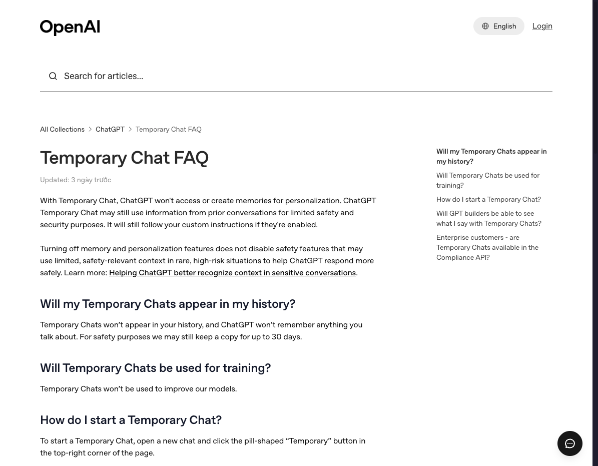 Ảnh chụp từ OpenAI Help Center về Temporary Chat FAQ. Ảnh: OpenAI Help Center