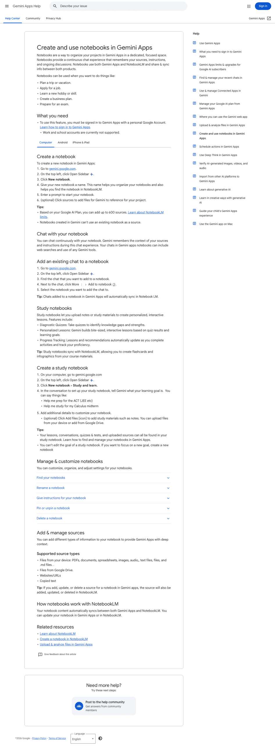 Ảnh chụp trang trợ giúp chính thức của Google về cách tạo và dùng notebooks trong Gemini app.