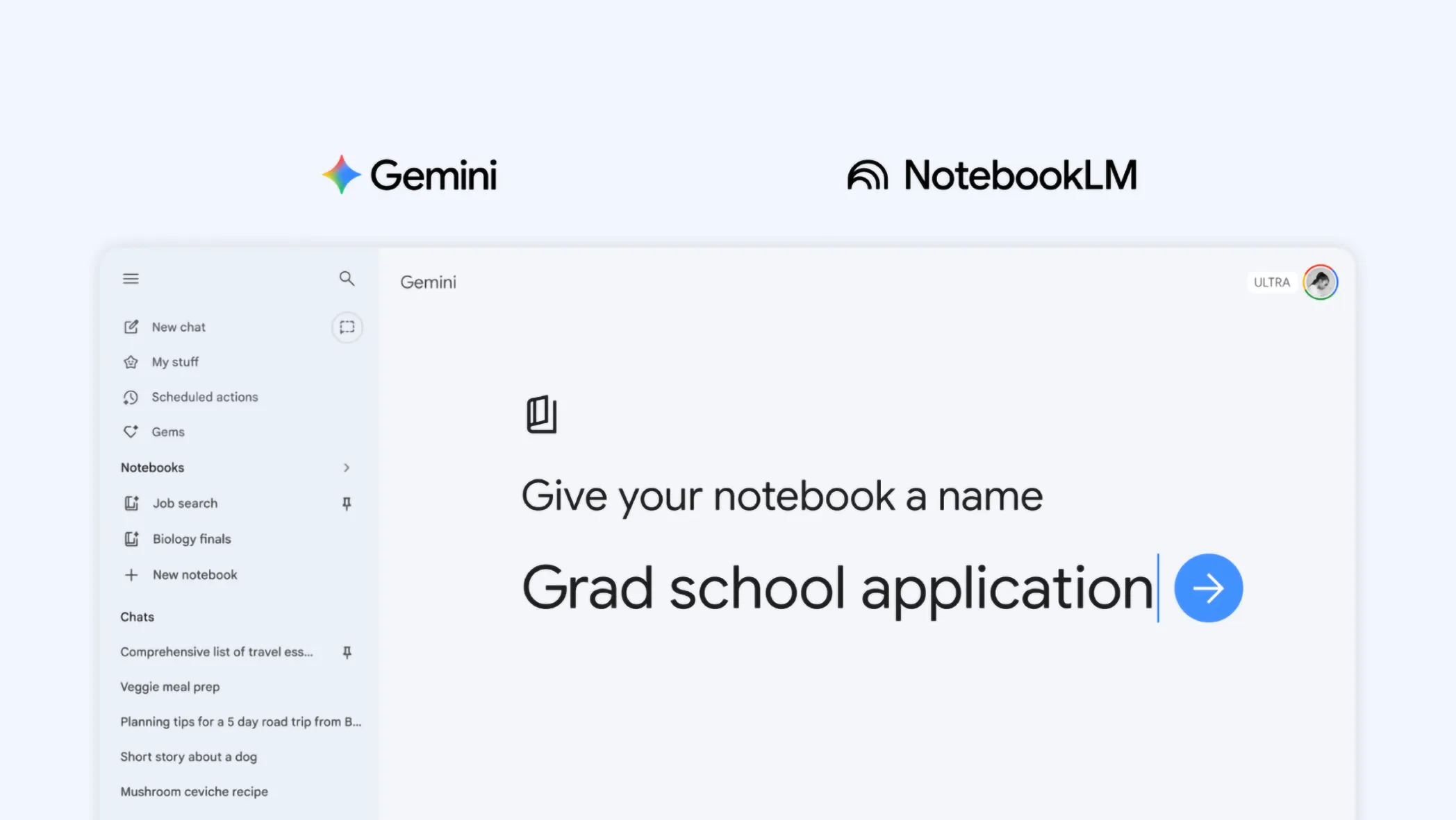 Ảnh minh họa notebooks trong Gemini từ bài giới thiệu chính thức của Google Blog.