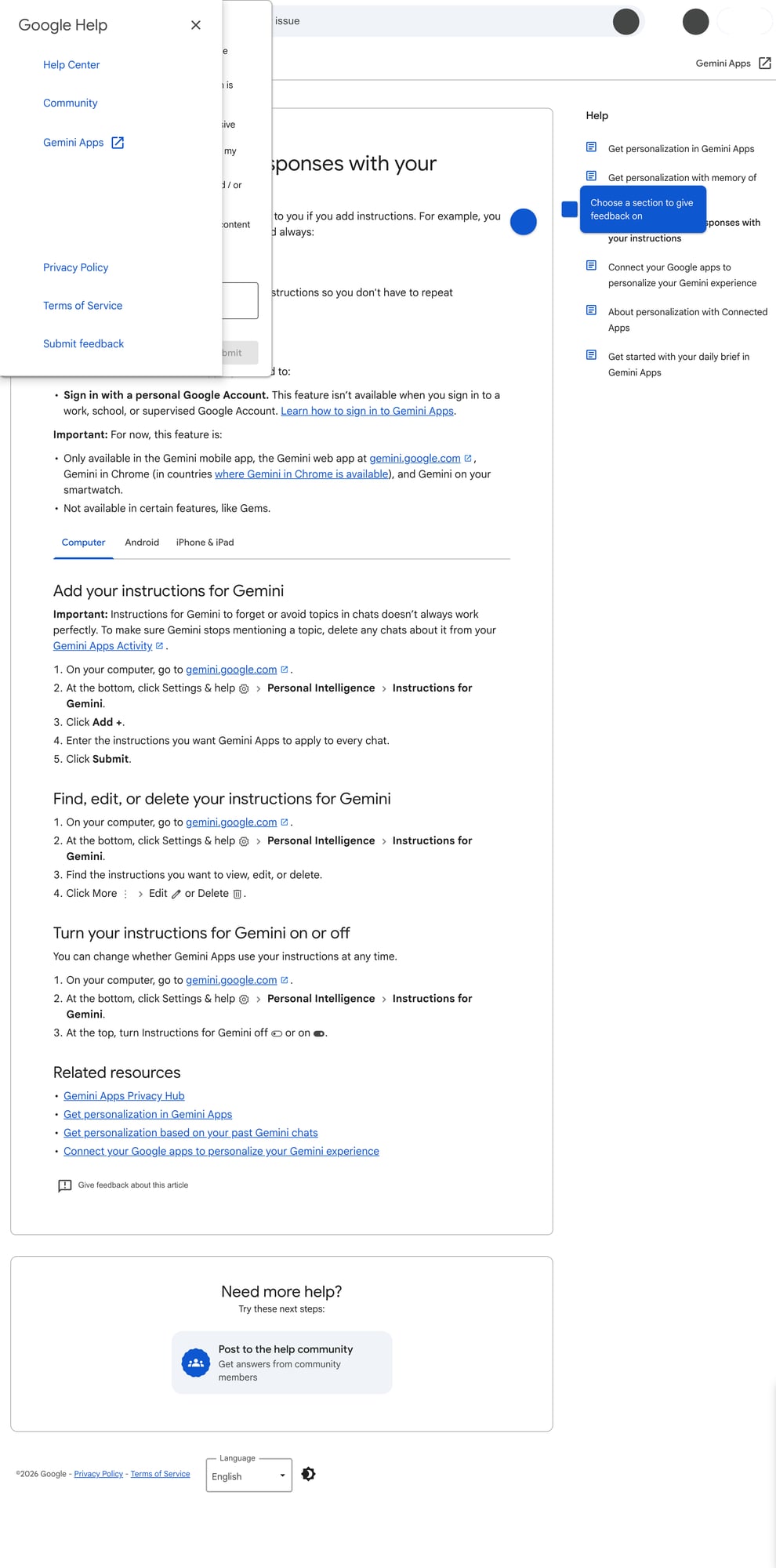 Google cho phép thêm Instructions for Gemini để AI áp dụng quy ước trả lời cho mọi cuộc chat, nên đây là chỗ đáng rà đầu tiên nếu anh em dùng Gemini cho công việc. Ảnh: Google Gemini Apps Help