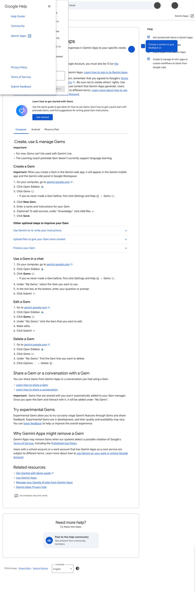 Google cho phép tạo Gems với instruction và file riêng, rất hợp để tách từng workflow nhưng cũng nên dọn gọn để tránh mang dữ liệu thừa vào các phiên làm việc. Ảnh: Google Gemini Apps Help