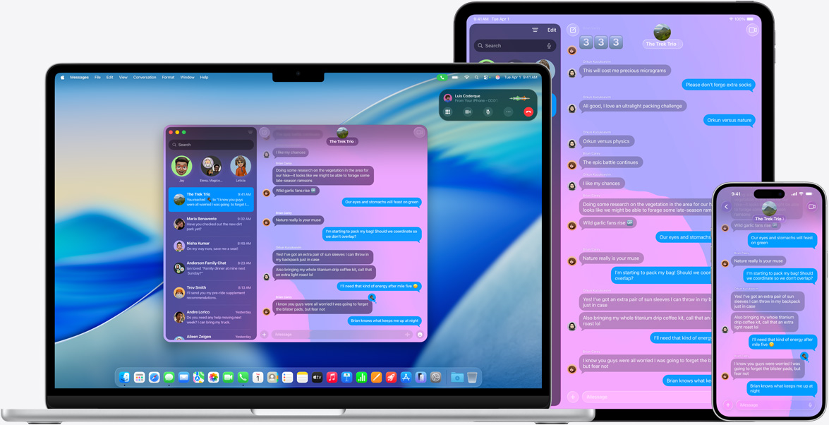 Ảnh chính thức từ Apple: Mac có thể nhận cuộc gọi và hiển thị tin nhắn từ iPhone để anh em xử lý nhanh ngay trên máy làm việc chính.