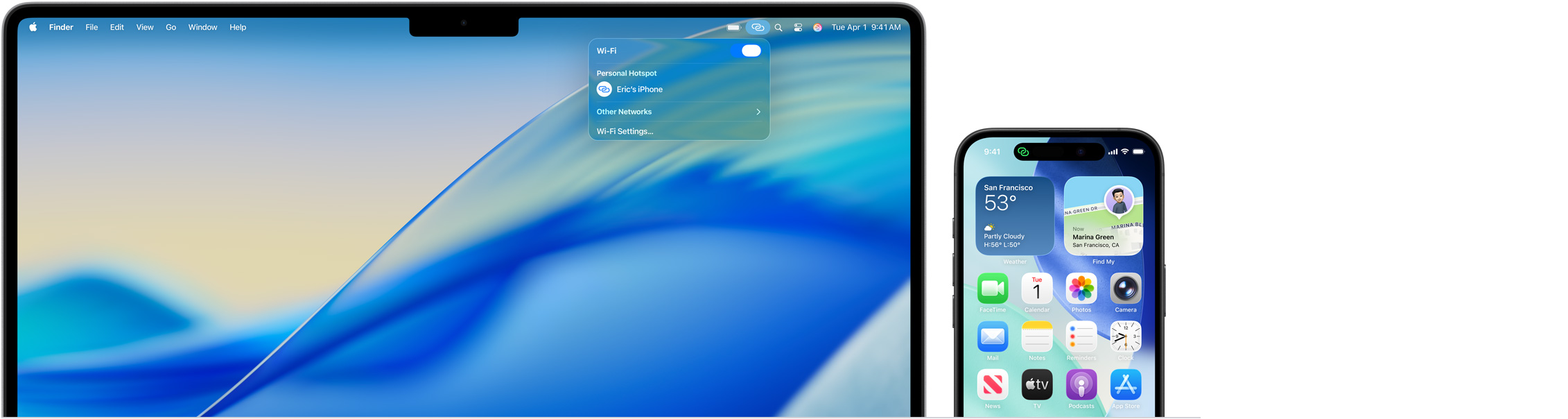 Ảnh chính thức từ Apple: Instant Hotspot cho phép Mac lấy mạng từ iPhone rất nhanh mà không cần mở nhiều bước thủ công trên điện thoại.