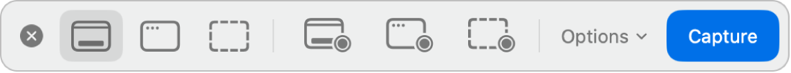 Ảnh chụp từ Apple Support: bảng công cụ Screenshot và các chế độ chụp/quay có sẵn trên Mac.