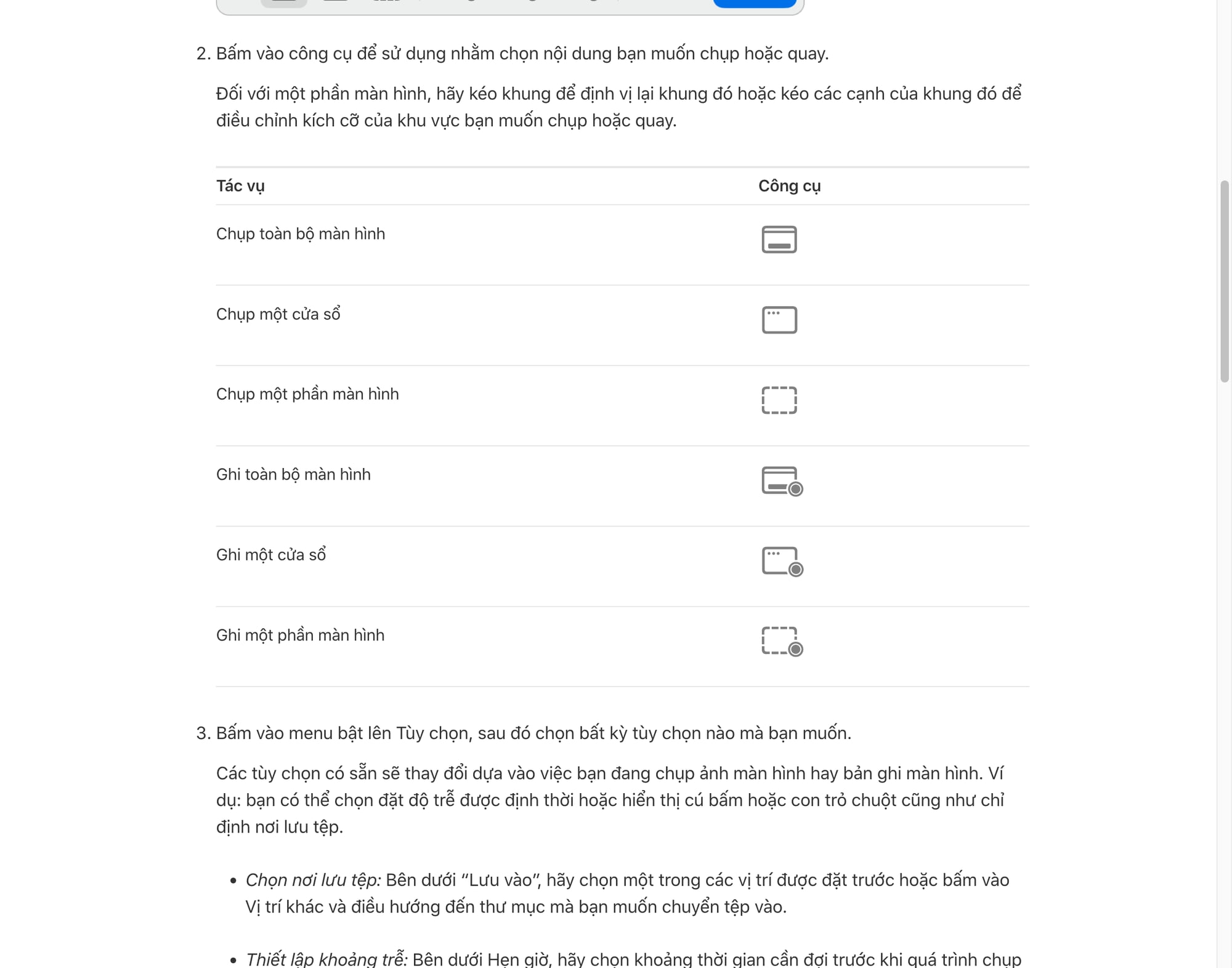 Ảnh chụp từ Apple Support: giao diện hướng dẫn Screenshot trên macOS với tổ hợp Shift-Command-5.