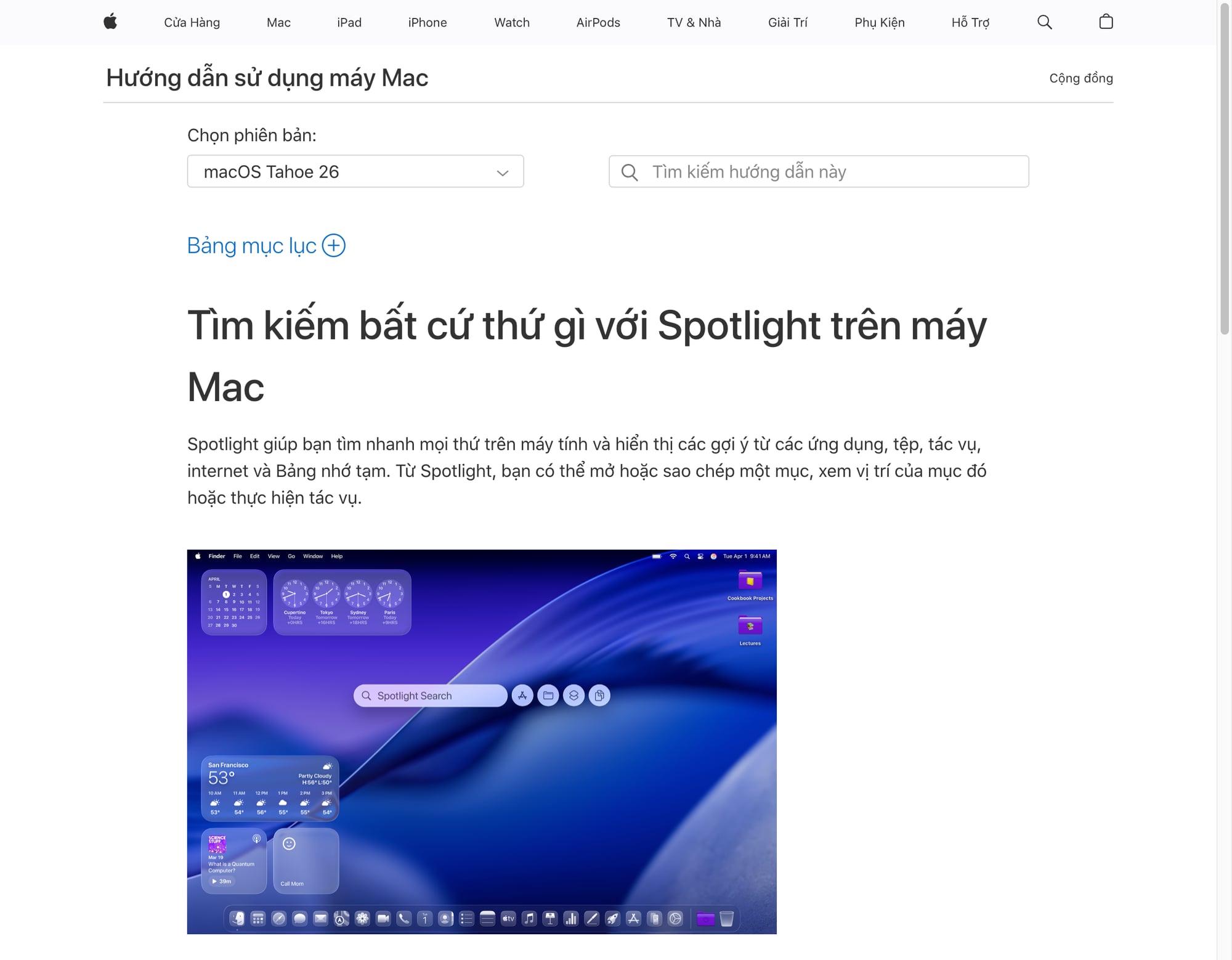 Ảnh chụp từ Apple Support: Spotlight trên macOS có thể dùng để mở nhanh công cụ Screenshot.