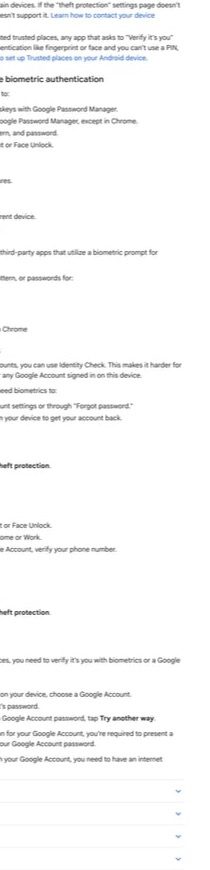 Ảnh chụp từ Android Help: phần Theft protection trên Android với các mục chính như Theft Detection Lock, Offline Device Lock, Remote Lock và Identity Check.