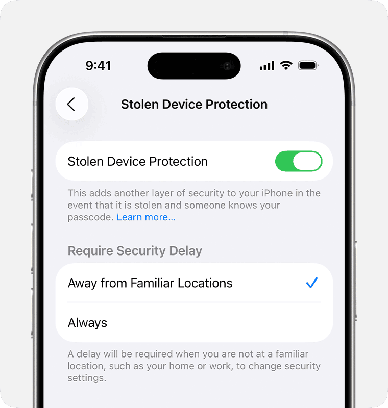 Stolen Device Protection thêm lớp xác thực sinh trắc học và độ trễ bảo mật cho các thay đổi quan trọng khi iPhone ở xa vị trí quen thuộc. Ảnh: Apple Support