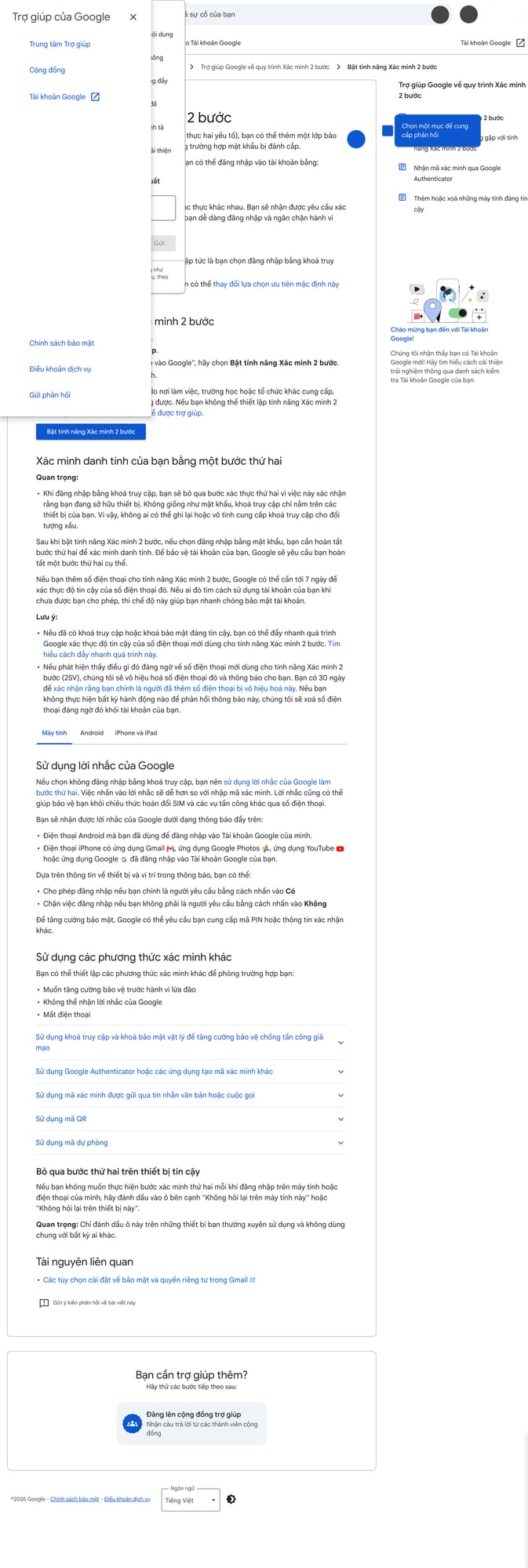 Ảnh chụp từ Google Account Help: trang cài đặt Xác minh 2 bước cho Tài khoản Google với các lựa chọn xác minh bổ sung ngoài mật khẩu. Ảnh: Google Help