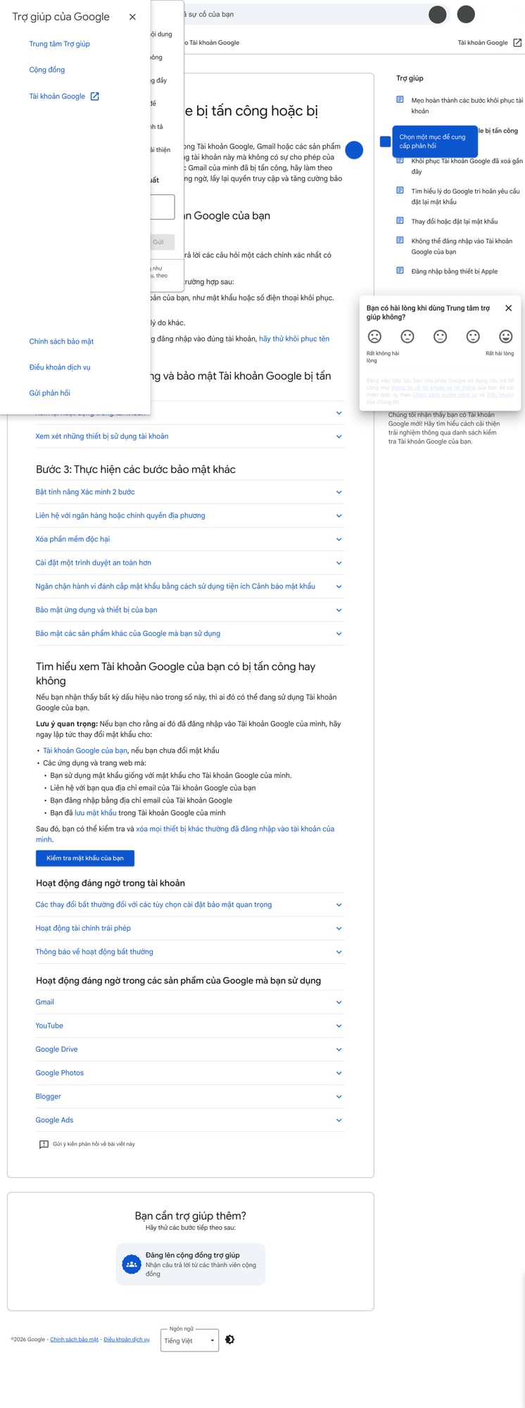 Ảnh chụp từ Google Account Help: phần hướng dẫn rà lại thông tin khôi phục và các bước bảo vệ tài khoản khi có dấu hiệu bất thường. Ảnh: Google Help