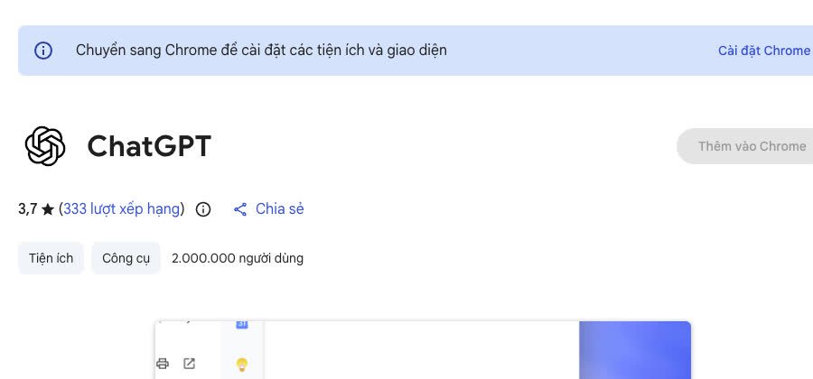 Ảnh chụp từ Chrome Web Store: trang listing chính thức của ChatGPT cho Chrome do OpenAI phát hành, hiển thị tên tiện ích, xếp hạng và quy mô người dùng.
