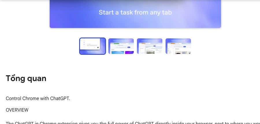 Ảnh chụp từ Chrome Web Store: phần mô tả tổng quan của ChatGPT cho Chrome nhấn mạnh side chat, ngữ cảnh tab đang mở và tác vụ bắt đầu từ bất kỳ tab nào.