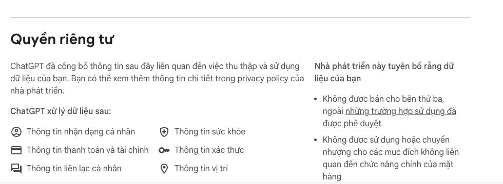 Ảnh chụp từ Chrome Web Store: mục quyền riêng tư của tiện ích nêu rõ các nhóm dữ liệu mà ChatGPT có thể xử lý, từ website content tới web history và authentication information.