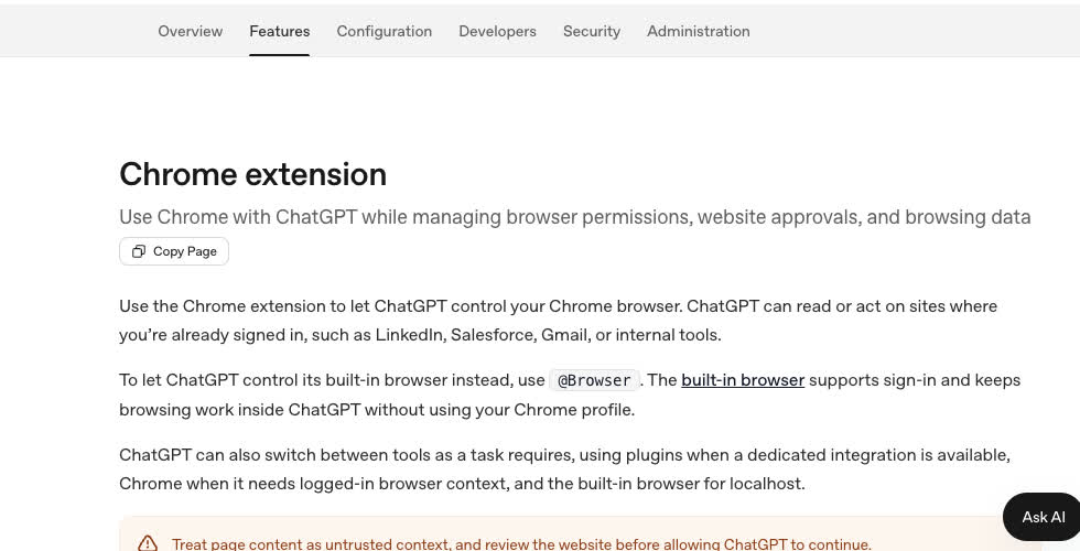 Ảnh chụp từ ChatGPT Learn: tài liệu chính thức mô tả ChatGPT cho Chrome như một lớp side chat đi kèm browser permissions, website approvals và dữ liệu duyệt web.