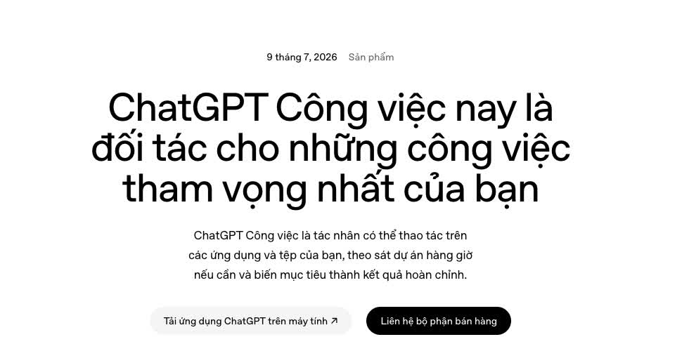Ảnh chụp từ OpenAI: thông báo giới thiệu ChatGPT Work cho thấy OpenAI đang đẩy ChatGPT từ chatbot sang một tác nhân làm việc đa bước trên desktop và web.