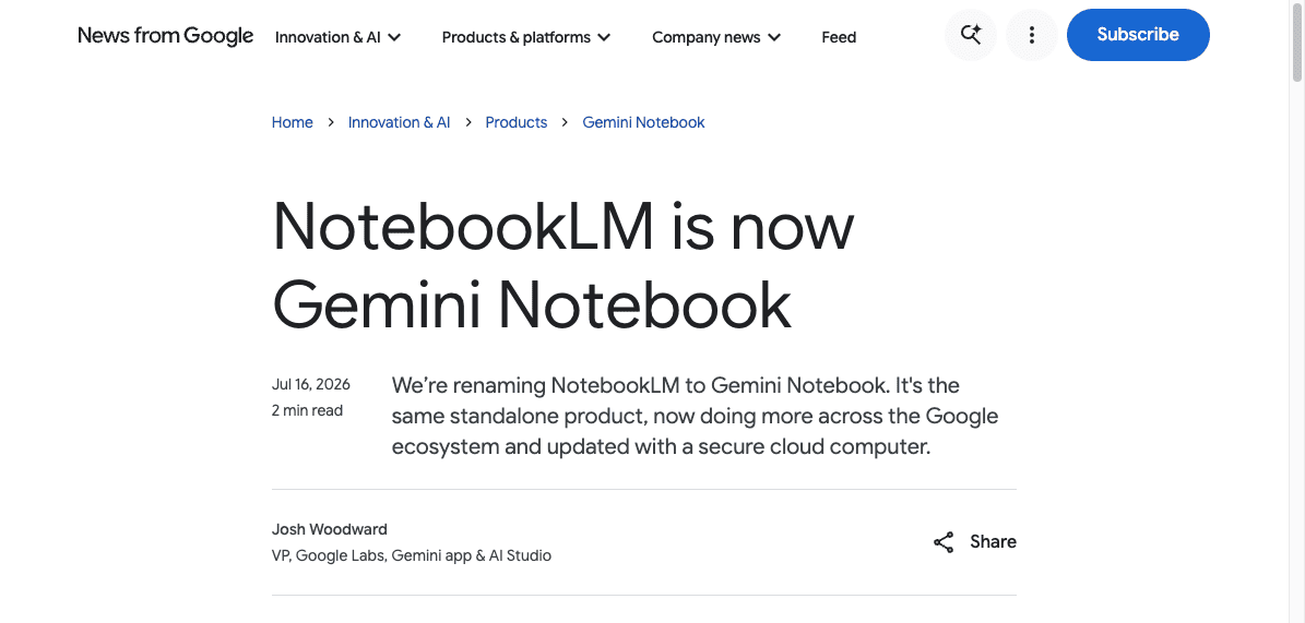 Ảnh: Google đổi tên NotebookLM thành Gemini Notebook trên blog chính thức.