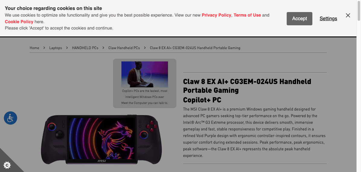 Ảnh: MSI US Store niêm yết Claw 8 EX AI+ với giá 1.799 USD.