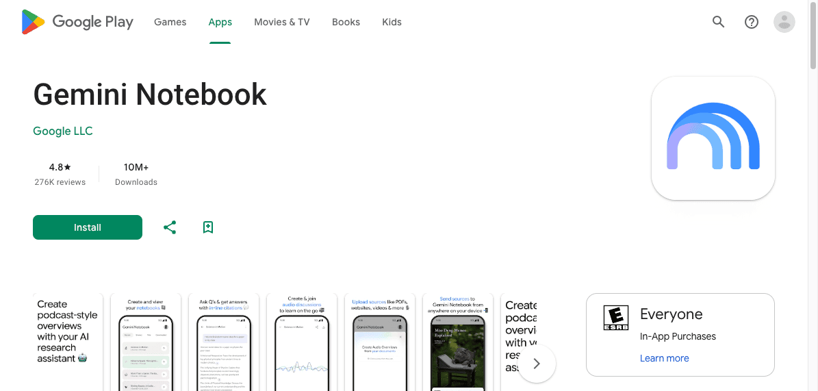 Ảnh: giao diện Gemini Notebook trên Google Play.