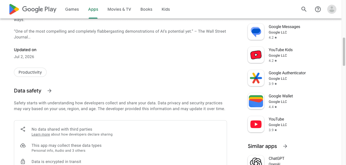 Ảnh: phần Data safety của Gemini Notebook trên Google Play.