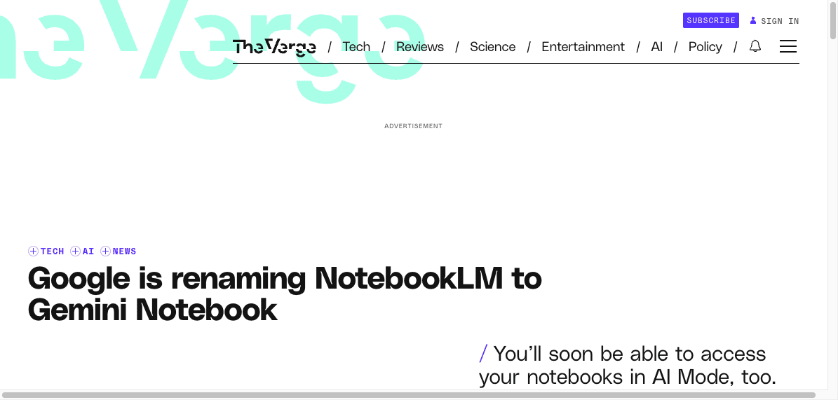 Ảnh: The Verge đưa tin Google đang kéo Gemini Notebook vào sâu hơn trong Gemini và Search.