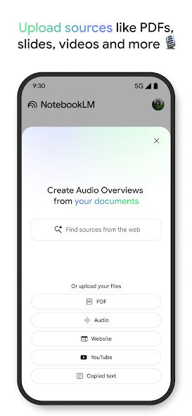 Ảnh chụp từ Google Play: NotebookLM có Audio Overviews để nghe tóm tắt nội dung.