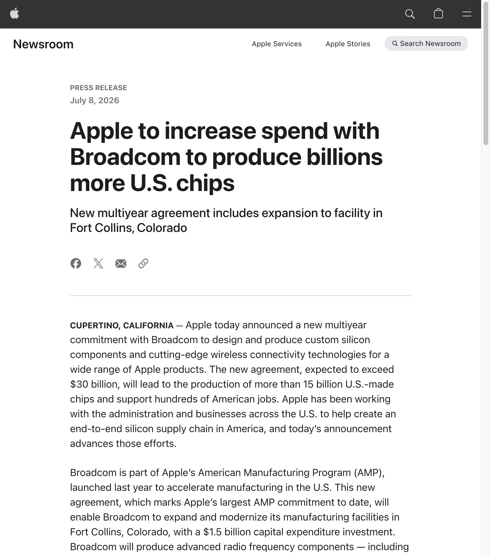 Ảnh chụp bài công bố Apple về thỏa thuận mới với Broadcom để tăng sản lượng chip tại Mỹ