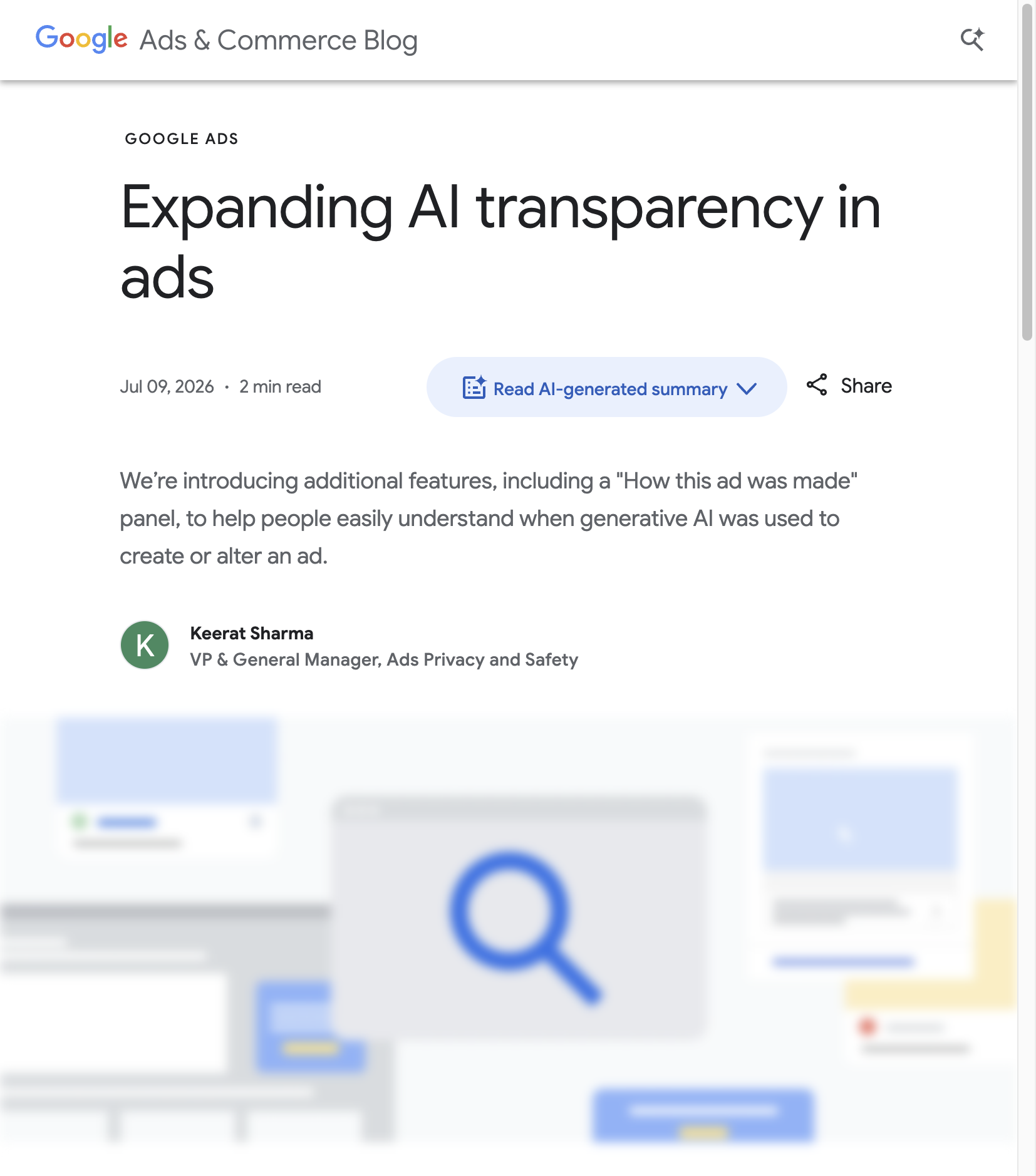 Ảnh chụp bài Google Blog về tính năng minh bạch AI trong quảng cáo