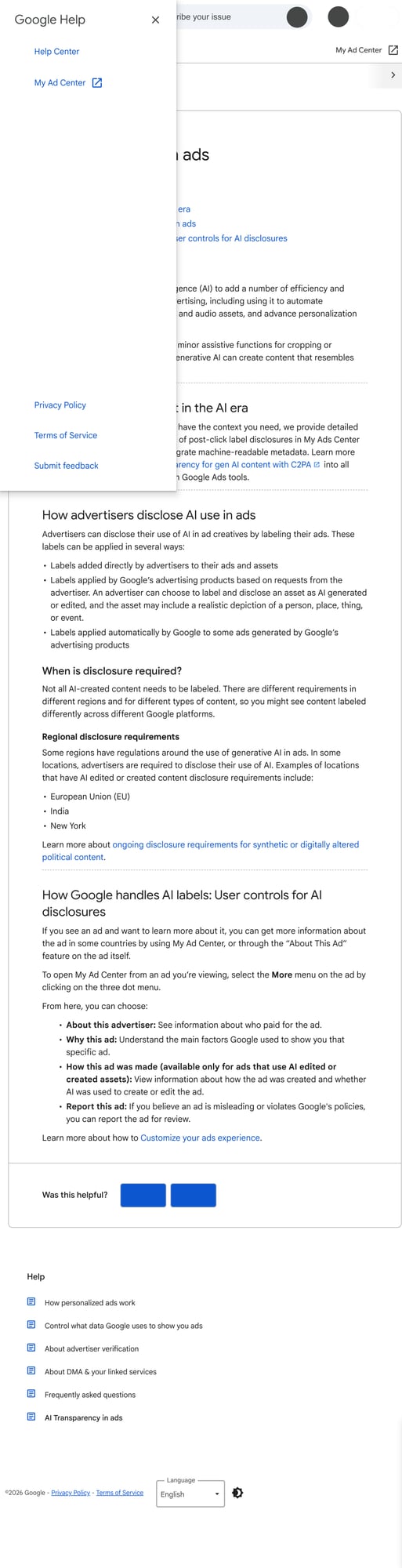 Ảnh chụp trang trợ giúp Google mô tả mục How this ad was made trong My Ad Center