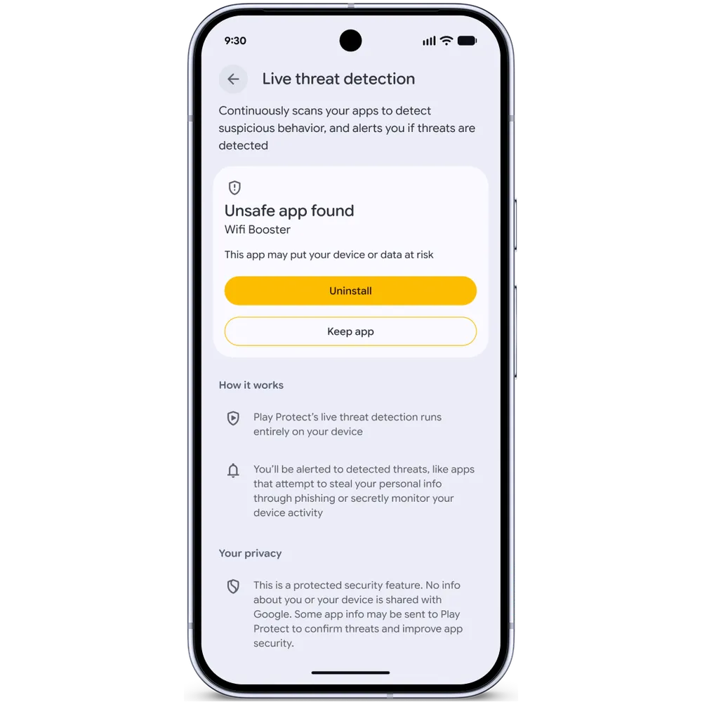 Google mở rộng Live Threat Detection để cảnh báo sớm hơn với các hành vi app có dấu hiệu lừa đảo hoặc lạm dụng quyền. Ảnh: Google