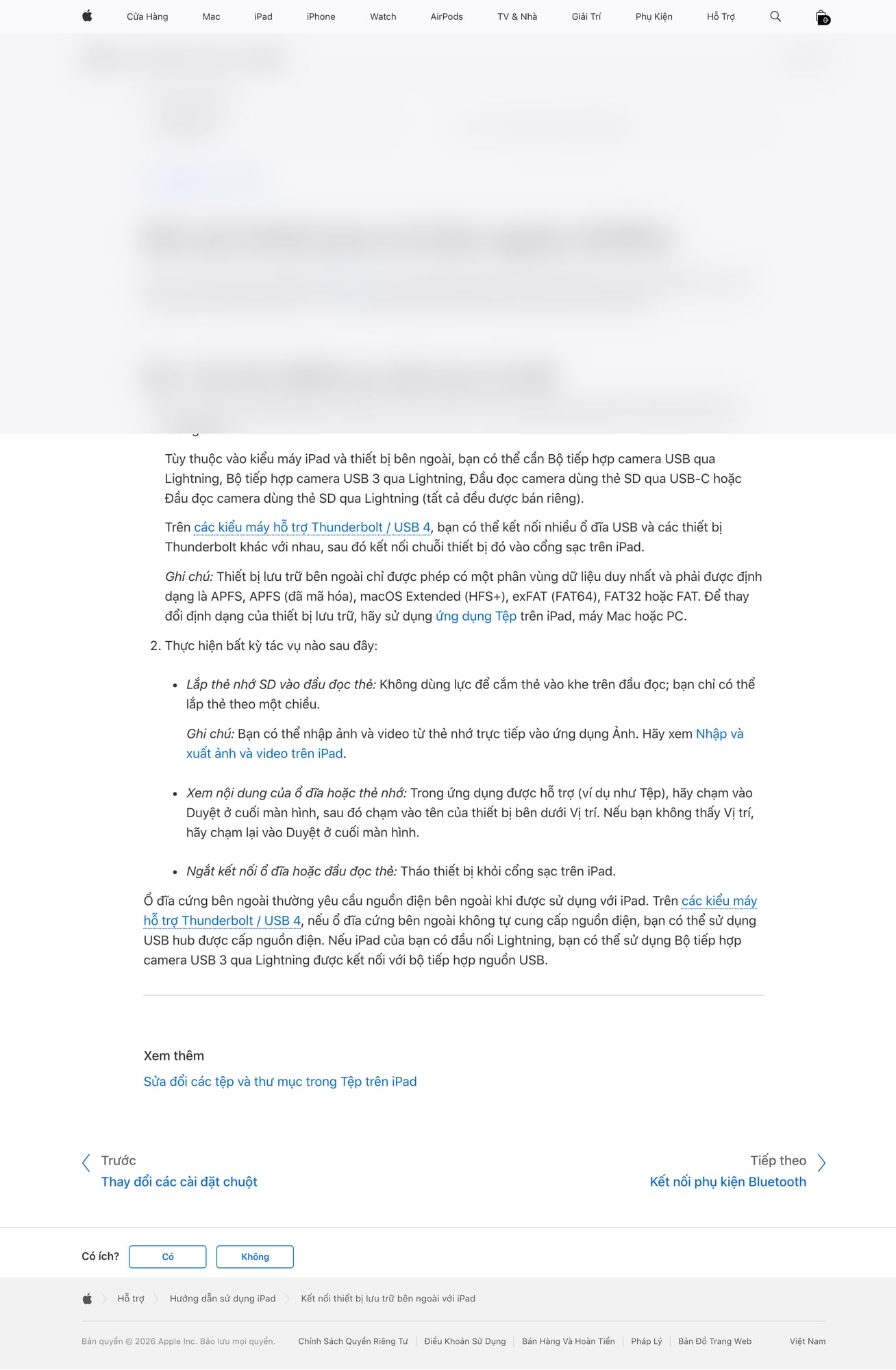 Apple cũng có hướng dẫn riêng cho iPad khi dùng thiết bị lưu trữ ngoài, nhấn mạnh chuyện nguồn điện và kết nối đúng kiểu máy. Ảnh: Apple Support