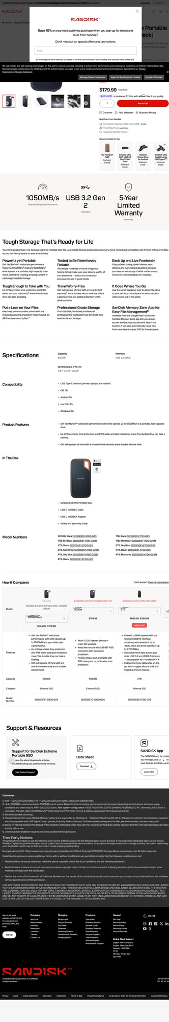Trang sản phẩm SanDisk Extreme Portable SSD là ví dụ tốt để anh em đọc lại mục tương thích, tốc độ và bảo hành trước khi chốt mua. Ảnh: Sandisk