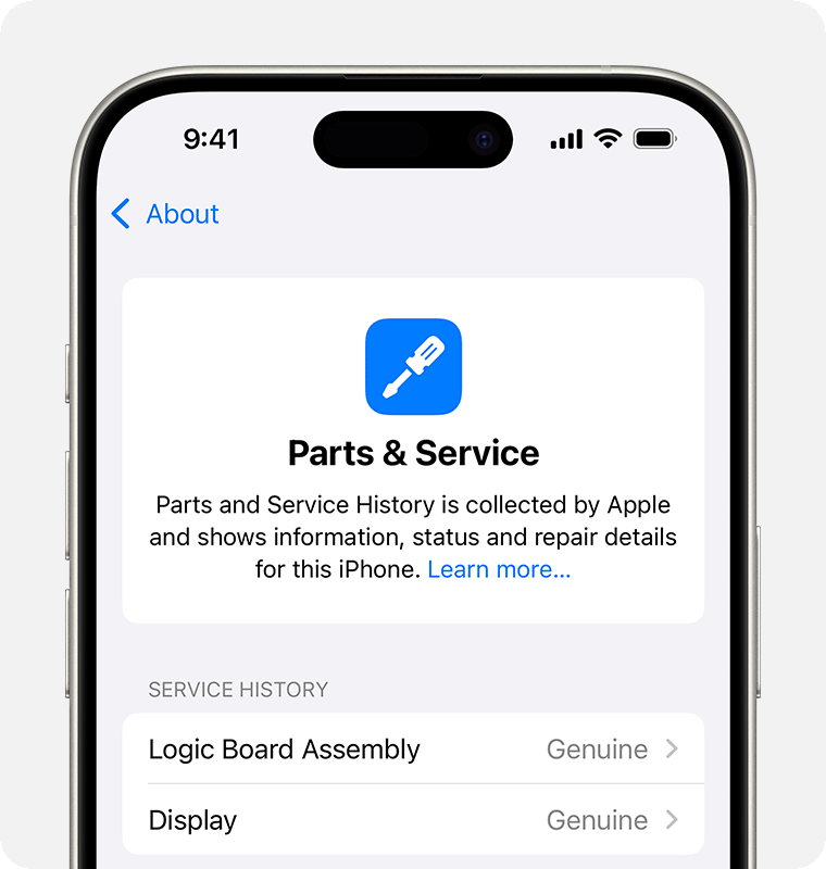 Mục Parts and Service History với trạng thái Genuine cho anh em biết linh kiện đã được thay bằng part chính hãng theo quy trình của Apple. Ảnh: Apple Support