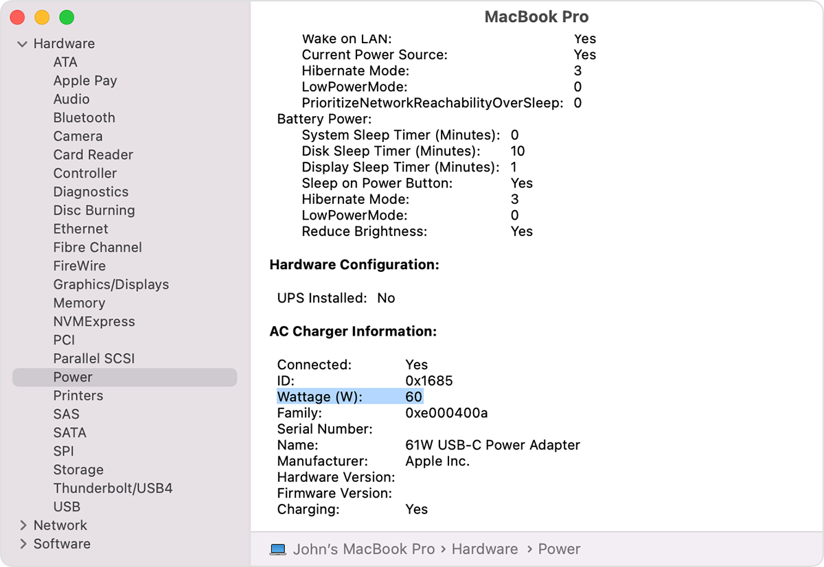 Trên Mac, anh em có thể kiểm tra mức điện bộ sạc đang cấp ngay trong System Information thay vì đoán bằng mắt. Ảnh: Apple Support