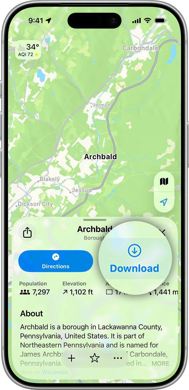 Apple Maps trên iPhone cho phép tải bản đồ offline ngay từ kết quả tìm kiếm hoặc nút More trong ứng dụng Maps. Ảnh: Apple Support