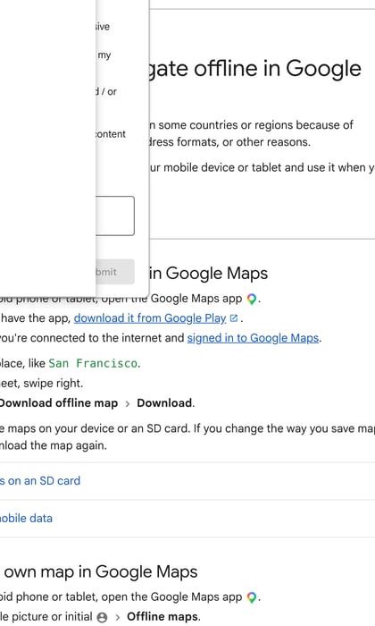 Google Maps Help trên Android mô tả hai đường đi quen thuộc: tải theo địa điểm vừa tìm hoặc tự chọn khung bản đồ muốn lưu. Ảnh chụp từ Google Maps Help
